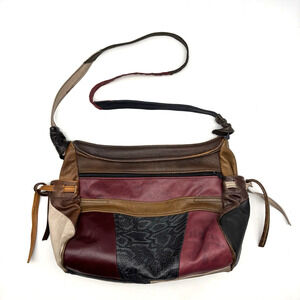 Vintage 80s 90s Patchwork Genuine Leather Organizer Shoulder Bag Purse 12x10"